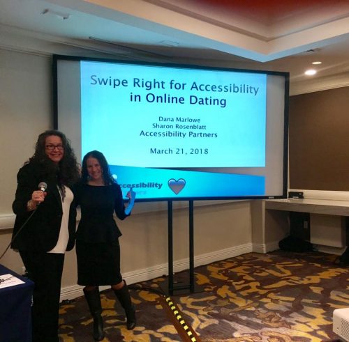 Sharon and Dana standing in front of the online dating presentation screen